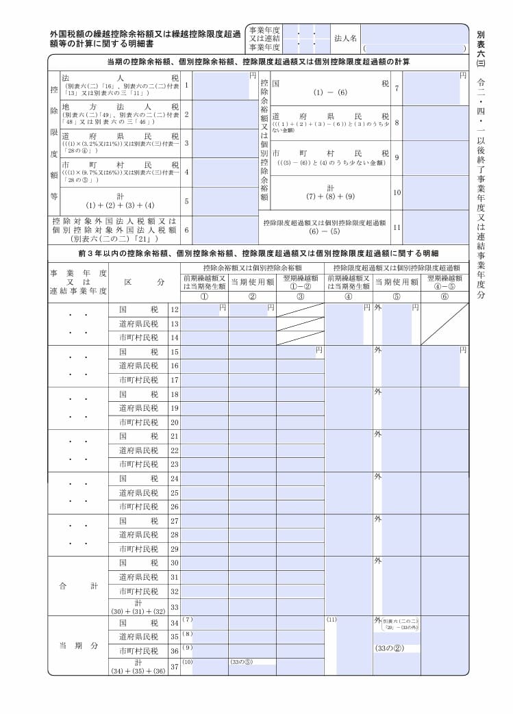 入力用PDF】別表六(三) 外国税額の繰越控除余裕額又は繰越控除限度超過