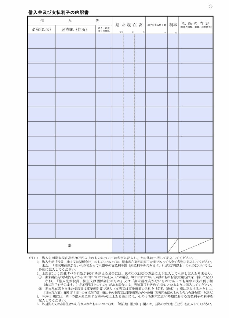 借入金 及び 支払 利子 の 内訳 書