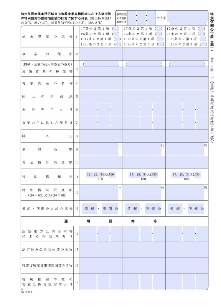 【入力用PDF】特別償却の付表(震一) 特定復興産業集積区域又は復興産業集積区域における機械等の特別償却の償却限度額の計算に関する付表(令和3年4月1日以後終了事業年度分)